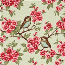 light green bird leaf flower fabric Cherry Blossom Love Blank Quilting ...