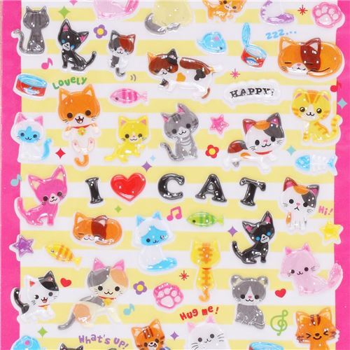 cute hard 3D glitter stickers with colorful cat Japan - Animal Stickers ...